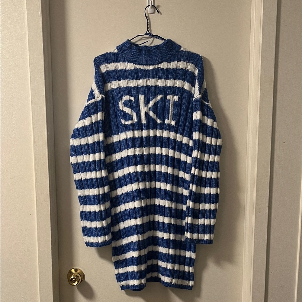 Blue and White Striped Long Sleeve Sweater Dress